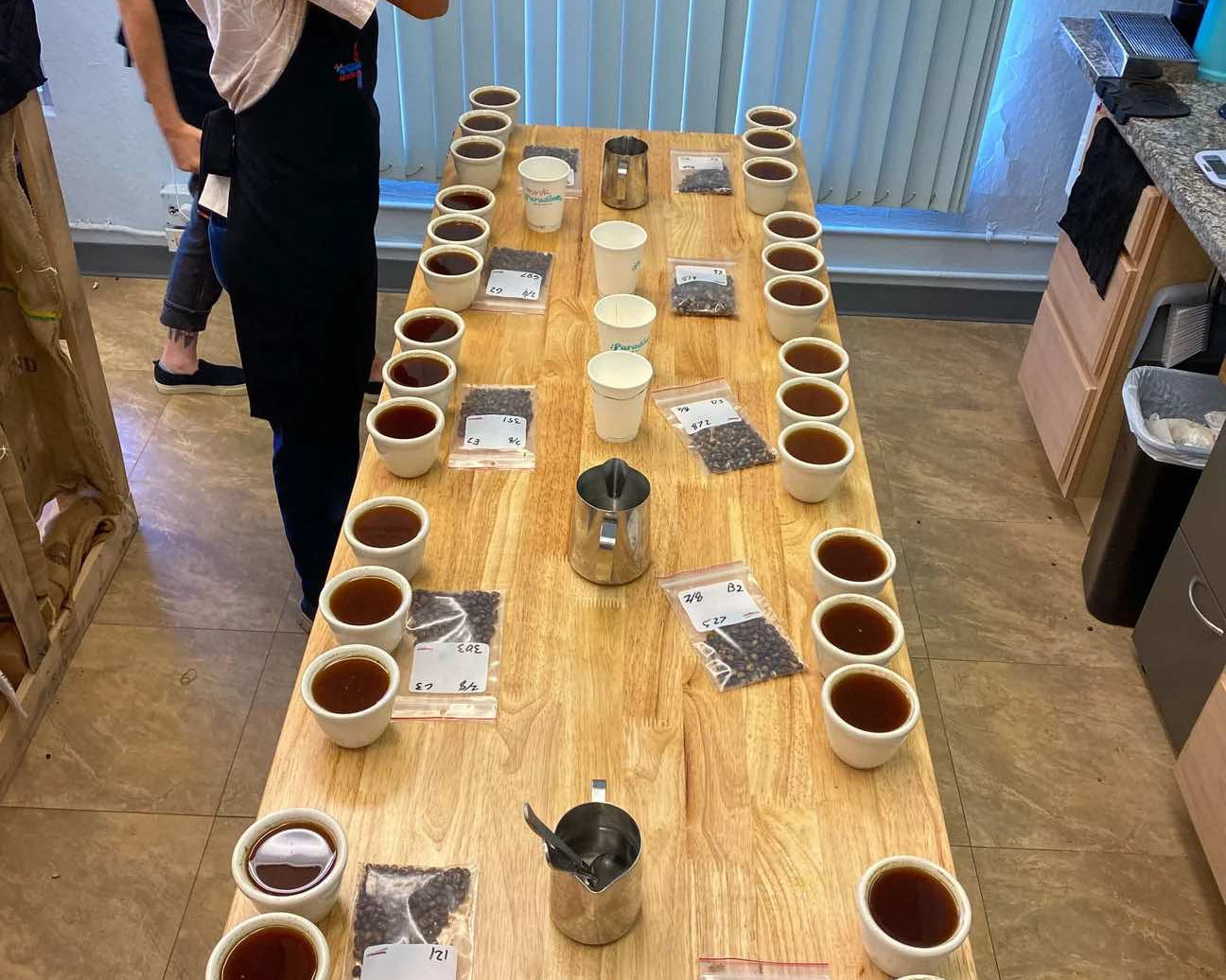 Coffee cupping table with Kona coffee samples being evaluated by tasters