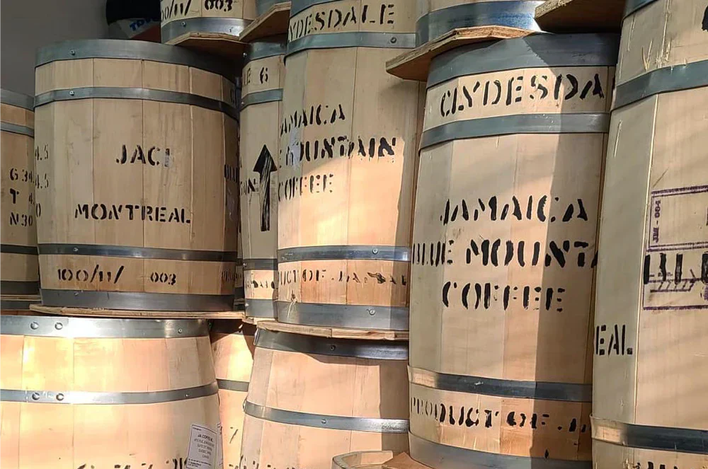 Traditional Jamaican Blue Mountain coffee barrels used for transporting premium Jamaican coffee beans from the Blue Mountains