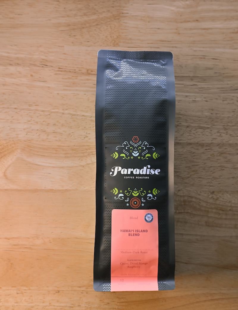 Hawai‘i Island Blend coffee bag - medium-dark roast made from Ka‘ū and Kona beans, premium Big Island coffee from Paradise Roasters.