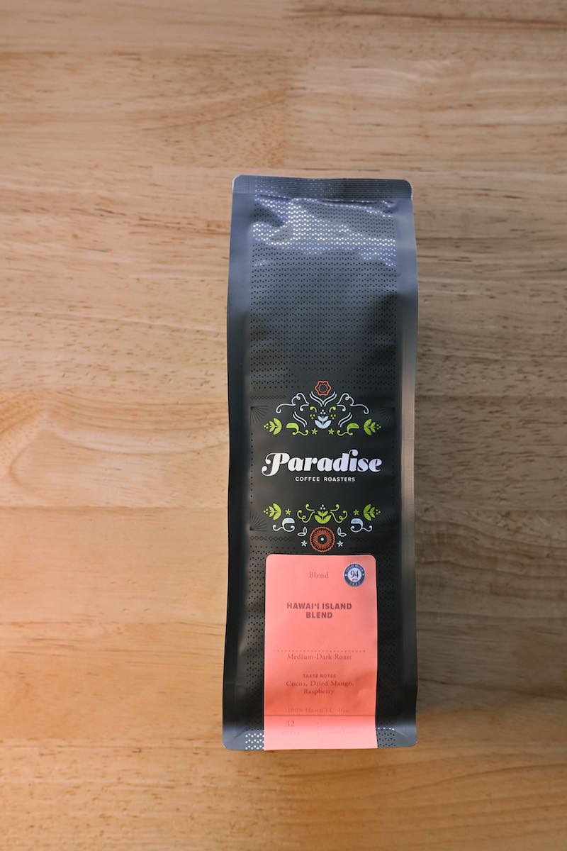 Hawai‘i Island Blend coffee bag - medium-dark roast made from Ka‘ū and Kona beans, premium Big Island coffee from Paradise Roasters.