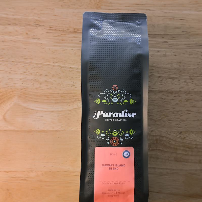 Hawai‘i Island Blend coffee bag - medium-dark roast made from Ka‘ū and Kona beans, premium Big Island coffee from Paradise Roasters.
