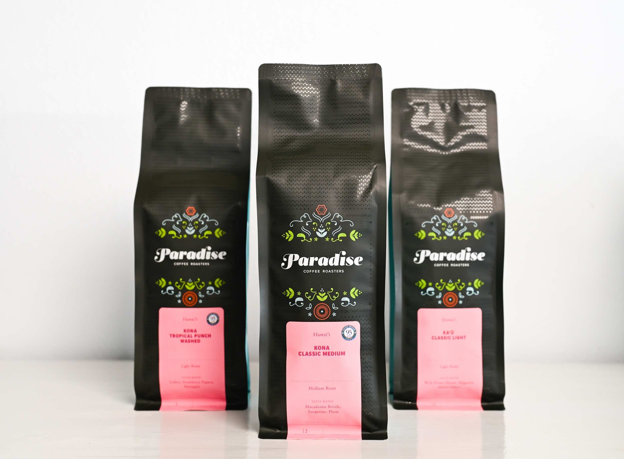 Three Paradise Coffee bags Featured for the Hawai‘i Island Coffee Subscription