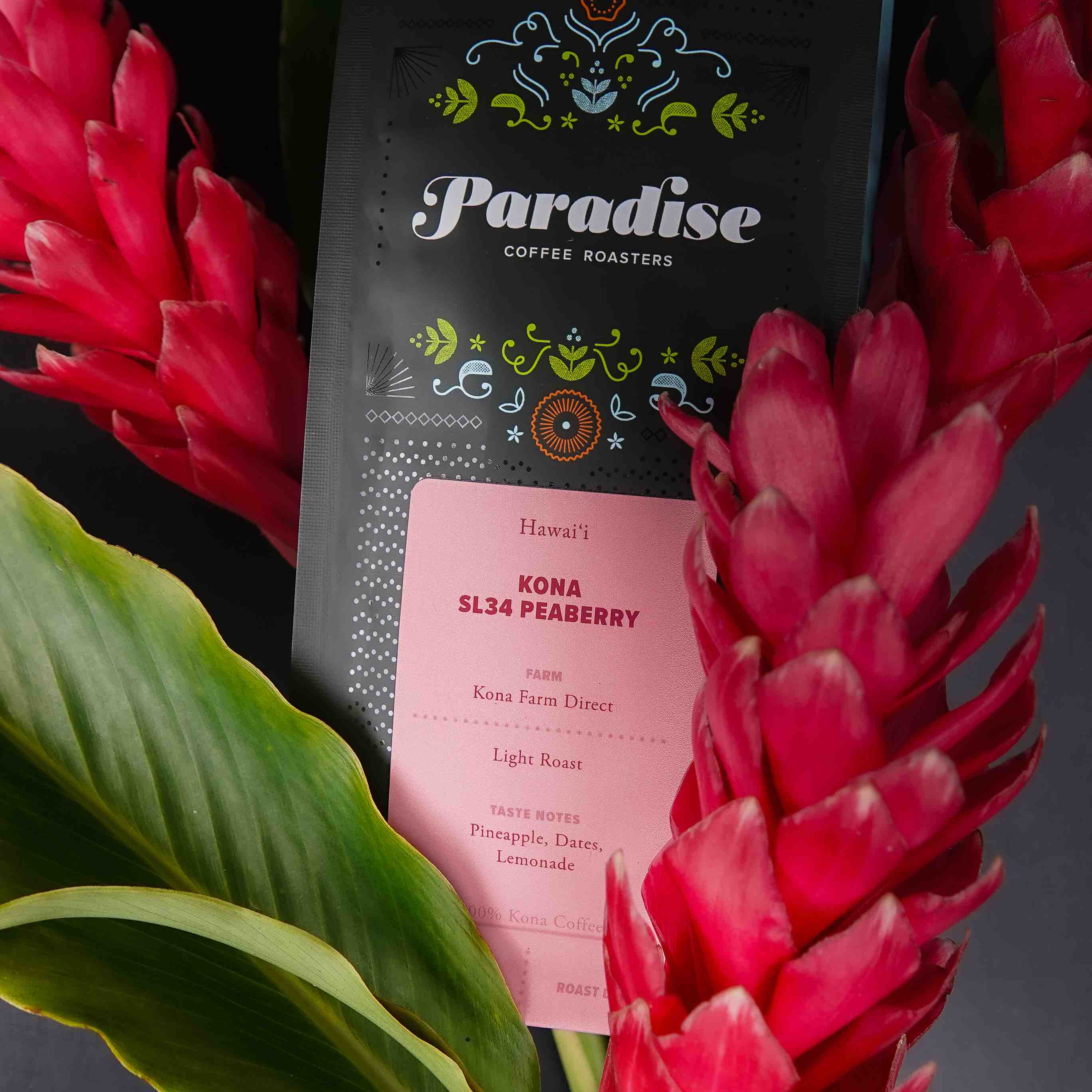 Kona Sl34 Peaberry bag with red ginger flowers