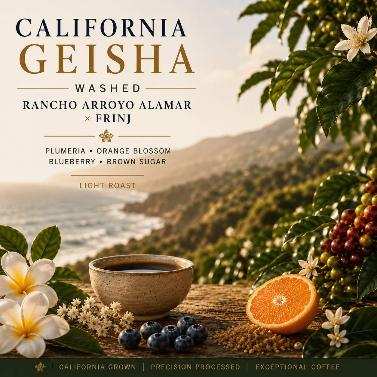 Coffee label artwork for California Geisha washed coffee, showing a cup of coffee, blueberries, an orange slice, plumeria flowers, and coffee cherries with a coastal mountain landscape in the background. Text lists the variety as Rancho Arroyo Alamar x Frinj, light roast, and flavor notes including plumeria, orange blossom, blueberry, and brown sugar.