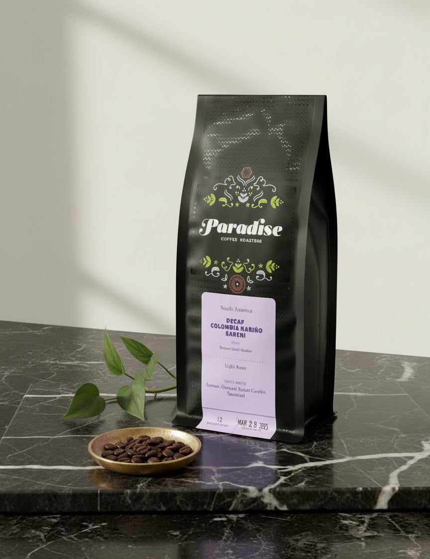 bag of decaf colombia coffee on a stone counter