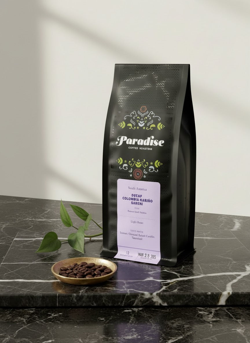 bag of decaf colombia coffee on a stone counter