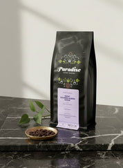 bag of decaf colombia coffee on a stone counter