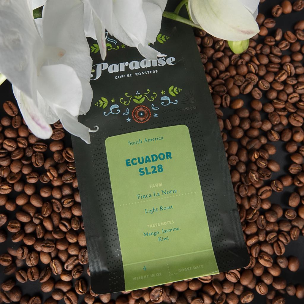 Ecuador SL28 Coffee bag labeled 'Paradise Coffee Roasters' on coffee beans with flowers