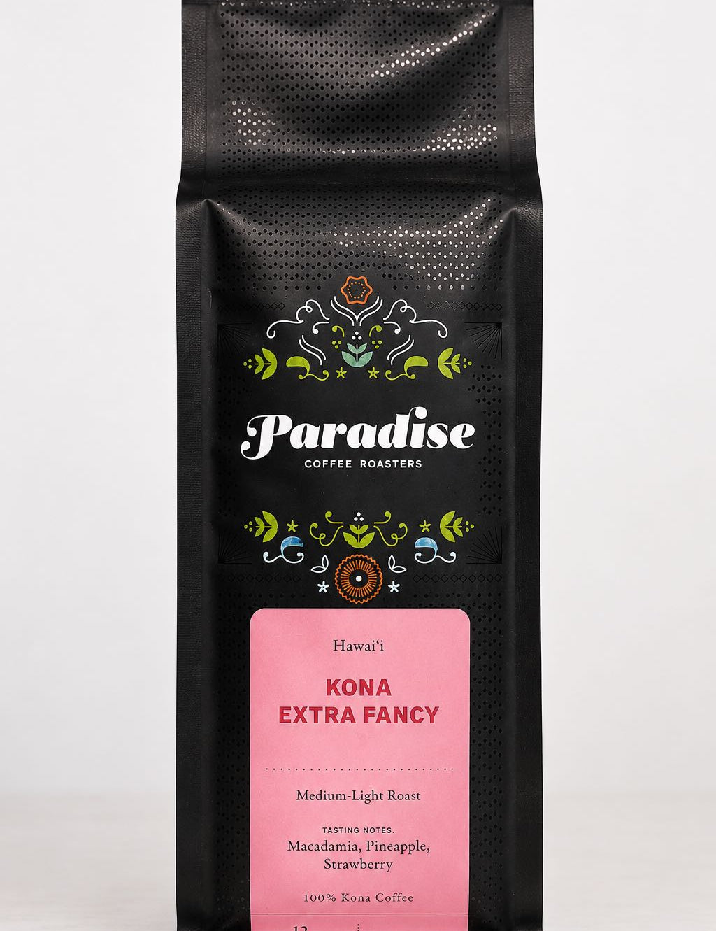 Paradise coffee roasts Kona extra fancy bag on a white background