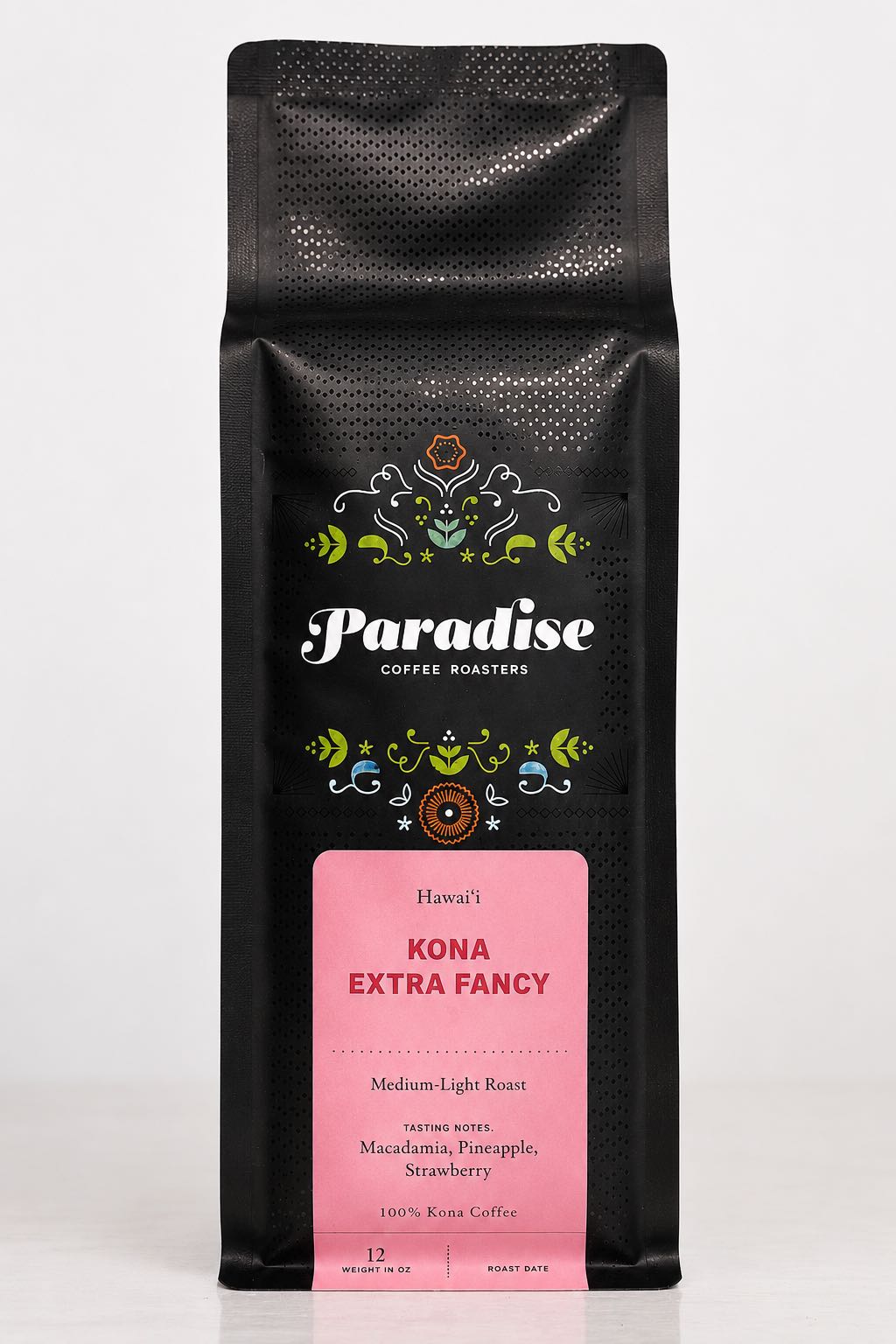 Paradise coffee roasts Kona extra fancy bag on a white background
