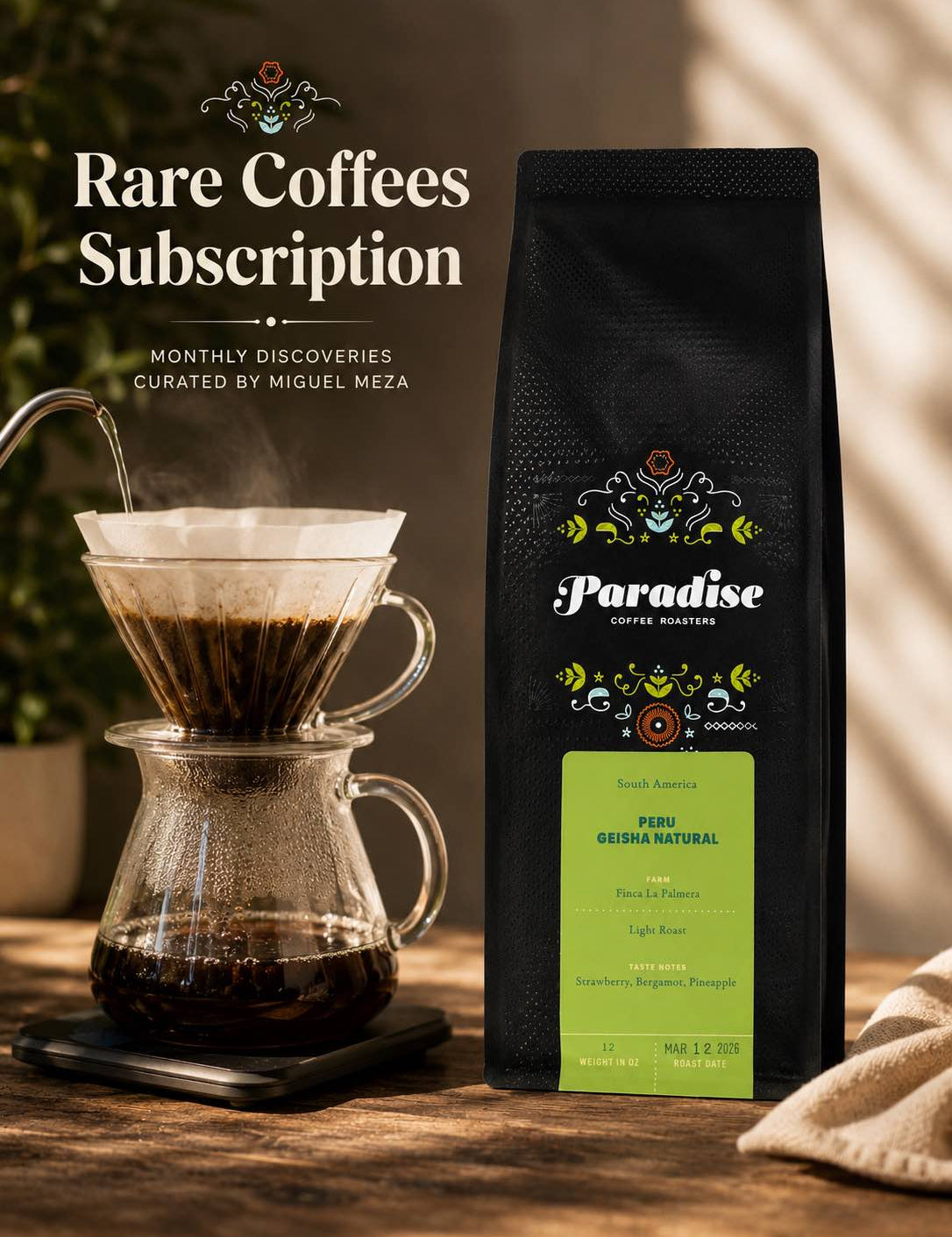 Bag of paradise roasters coffee on a wooden table with a pour over next to it