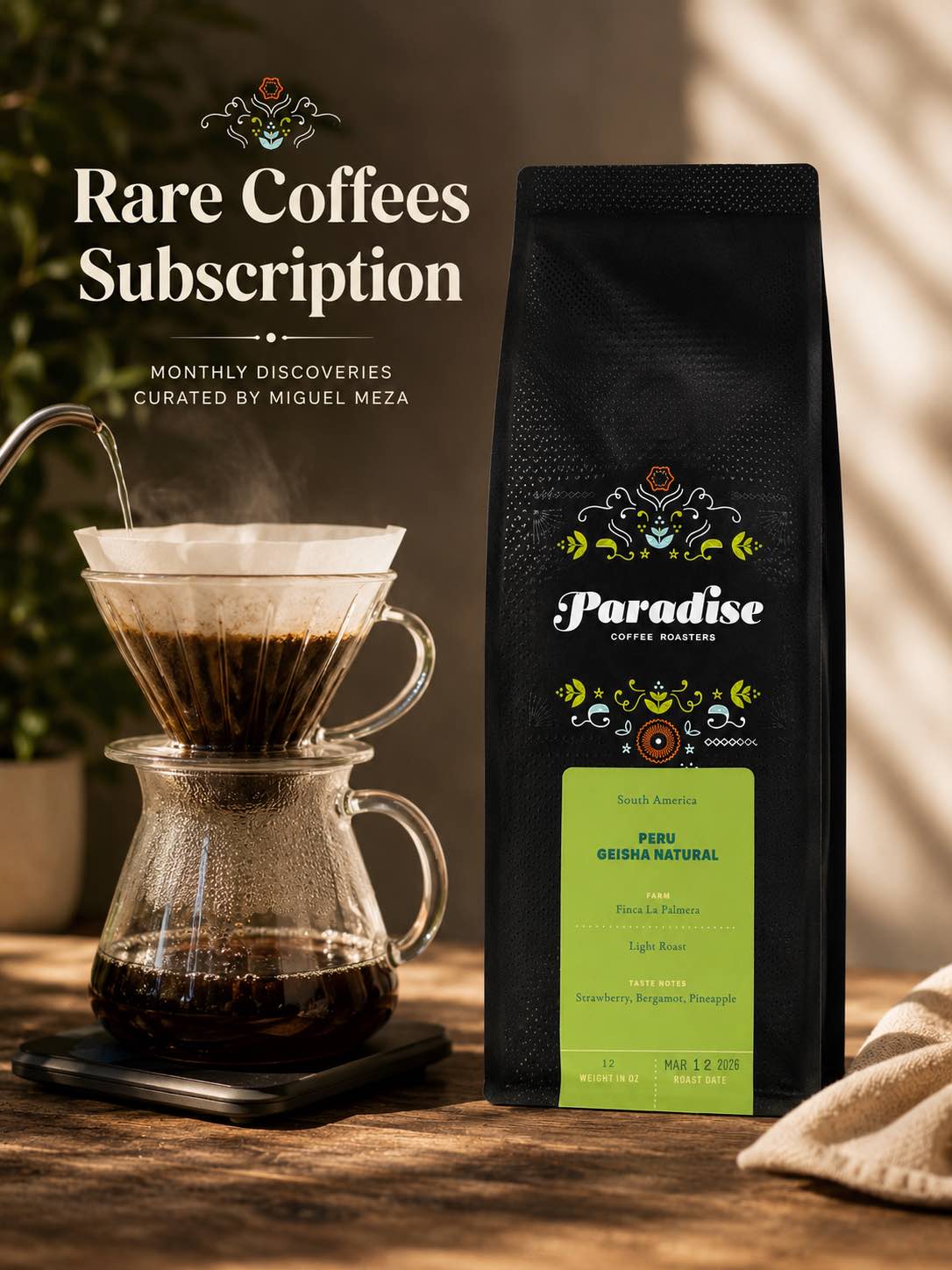 Bag of paradise roasters coffee on a wooden table with a pour over next to it