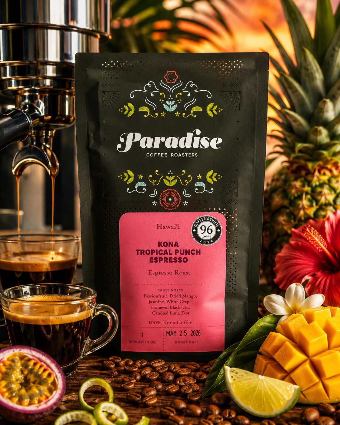 Paradise Coffee Roasters Kona Tropical Punch Espresso bag with coffee cups, fruits, and coffee beans on a wooden surface.